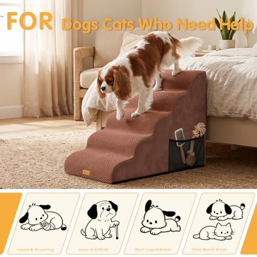 Image of Topmart High Density Foam Dog Steps 5 Tiers, Extra Wide Deep Pet Steps | Non-Slip Dog Stairs Ramp for Bed, Soft Foam Cat Ladder,Best for Older Injured, Older Pets, Cats with Joint Pain