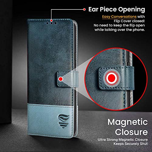 Image of FLIPPED Vegan Leather Flip Case Back Cover for Google Pixel 6A (Flexible, Shock Proof | Hand Stitched Leather Finish | Card Pockets Wallet & Stand | Blue with Aquamarine)