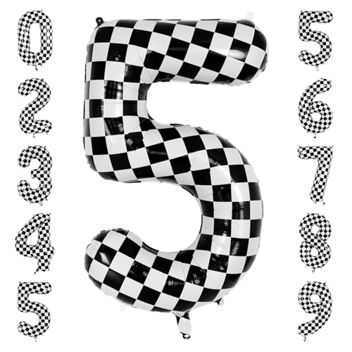 40 Inch Checkered Number 5 Balloon, Large Foil Black and White Number Balloon for Race Car Theme, Fast Race Car 5th Birthday Party Supplies for Boys Girls