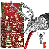 LKKCHER Weihnachtlich verpackter Hirschkopf-Weinschenker und -Stopfen, Hirschjagd-Geschenke für Jägerinnen und Jäger, Reh-Weinbelüfter-Ausgießer, Silber mit Weihnachtsverpackung und Weihnachtskarte