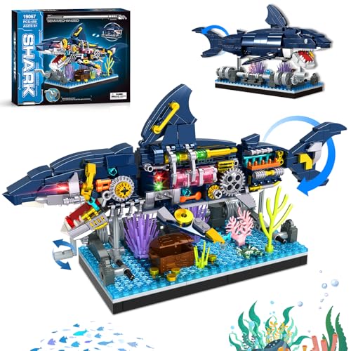 Shark Building Block Set Mechanical Rotatable Animal Shark Toys Birthday Gift for Kids Boys Girls Ages 6-12