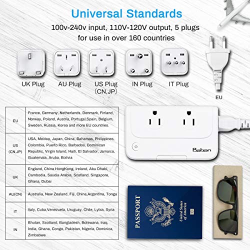Baban Voltage Converter Travel Adapter, Step Down 220V to 110V Power Converter with 4-Port USB Charging, Worldwide Plug Adapter with UK/AU/US/EU/in/IT Plug for International Travel, White - Thumbnail 2
