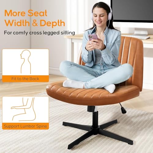 Image of DUMOS Criss Cross Chair No Wheel Legged Office Wide Comfy Desk Vanity Chair, Armless Computer Task Seating PU Leather, Swivel Home Height Adjustable for Bedroom, Study, Brown No Wheel