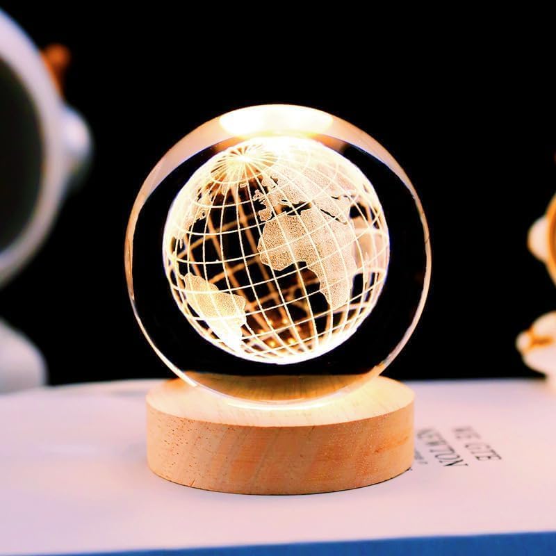 Image of 3D Crystal Ball LED Night Lamp with Wooden Base | Warm Light Bedside Table Lamp for Bedroom, Living Room, Kids Room, Study, Home Decoration & Gifting (Earth)