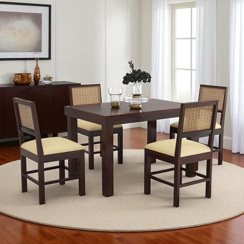 Image of Solid Sheesham Wood 4 Seater Dining Table with Printed Coushined Chairs for Home Dinning Room Kitchen Cafeteria Solid Wood Dining Set Furniture (Walnut Finish) | 114 x 76 x 76 Cm