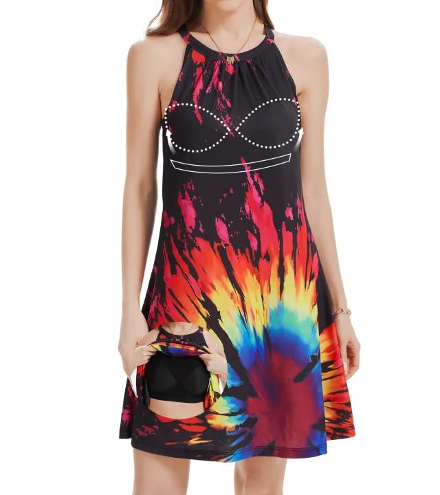 Image of ANYFITTING Summer Dress with Built in Bra Casual Beach Sundress Flowy Halter Mini Short Dresses for Women 2026