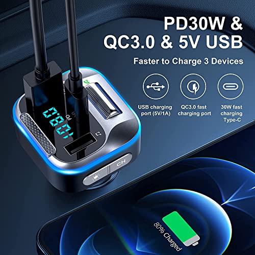 Bluetooth 5.0 FM Transmitter for Car, Radio Receiver/Audio Adapter with CVC Noise-Cancellation Microphones, QC3.0 & PD18W Fast Charge, Support U Disk/Aux