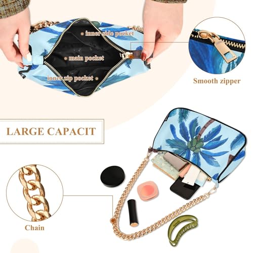 Tropical Palm Trees Blue Casual Hobo Purse Women Tote Handbag Moon Colorful Shoulder Bag Zipper Closure4