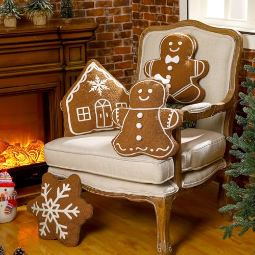 Image of HunnmingRe 4 Pcs Christmas Throw Pillows Fall Football Plush Pillows Winter Holiday Cushion Soft Decorative Cushions for Couch Bedroom Living Room Thanksgiving Xmas Decor(Caramel,Gingerbread)