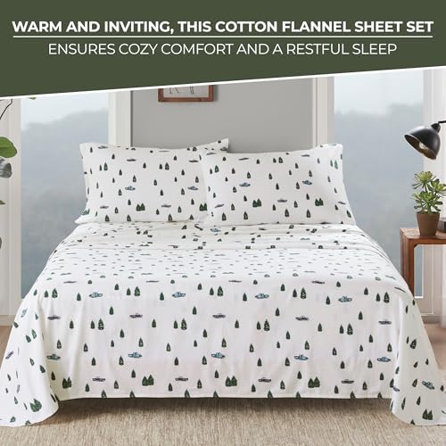 Image of Woolrich Cotton Sheet Set Cottage Charms Print, 100% Cotton Flannel Sheets Warm & Fuzzy Bedding Set Full Size Sheets, Fitted Pocket Fits Up to 12 inch Mattress, Full Green Trees /Trucks 4 Piece