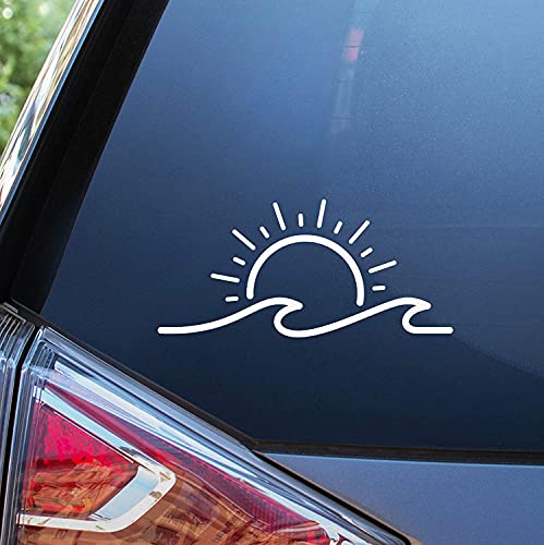 WSQ Sun & Wave Vinyl Decal Sticker Premium Quality Vinyl White for Car Bumper Truck Van SUV Window Wall Boat Cup Tumblers Laptop or Any Smooth Surface Size 7 Inch