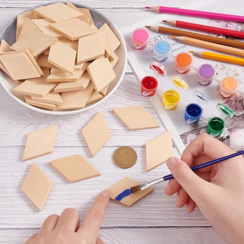 Olycraft WOOD-OC0001-19-EU13 50Pcs Wood Pieces Unfinished Wood Rhombus Pieces Natural Wood Rhombus Cutout Shape Wood Rhombus Blank Slices thumb #2