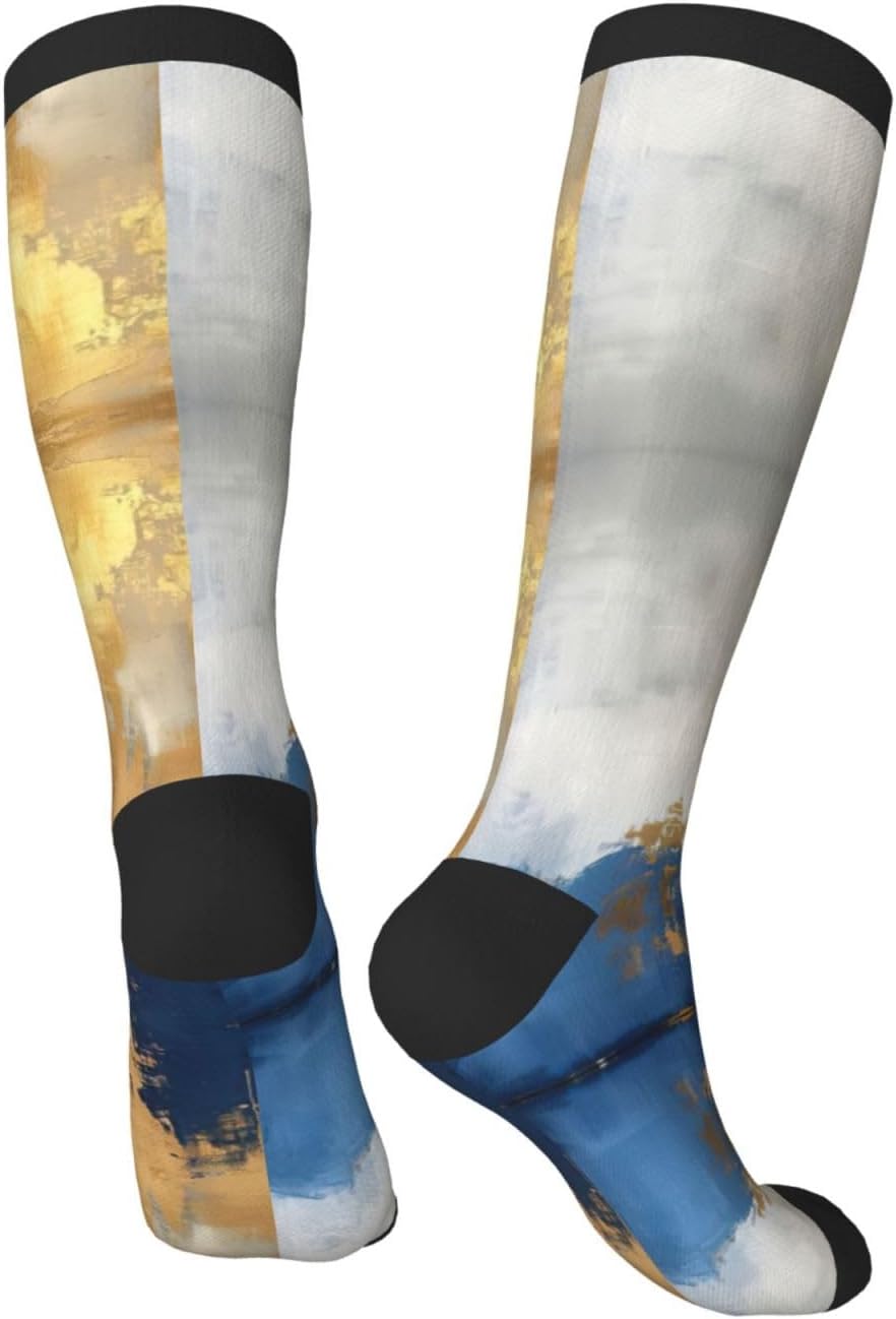 Gold Blue White Print Breathable Crew Neck Athletic High Socks,Suitable For Sports,Running,And Travel.