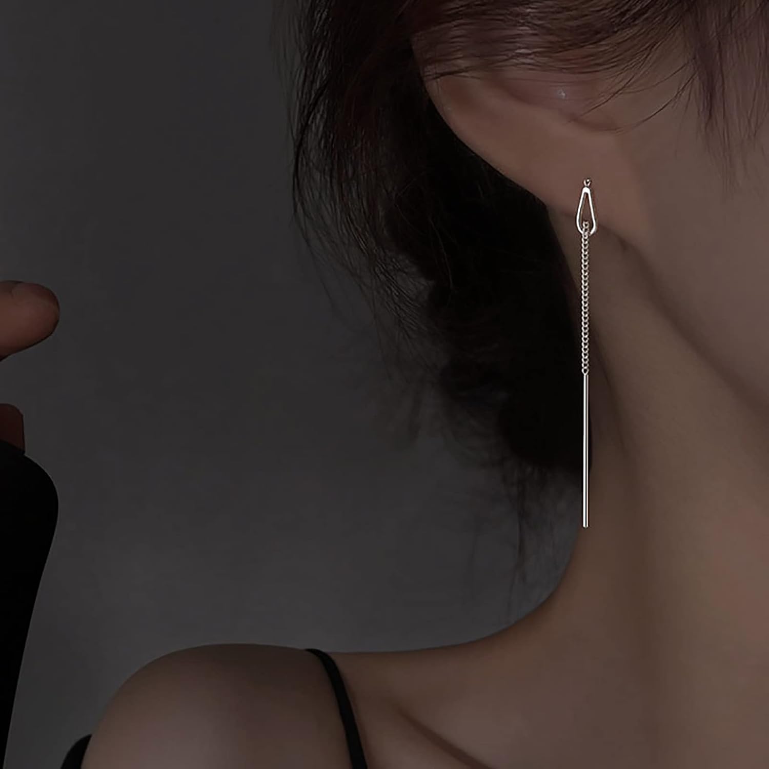 Boho Wedding Tiny Teardrop Threader Earrings Silver Hollow Small Pear Pull Through Earrings Thread Dainty Long Chain Tassel Dangle Stud Simple Cute Line Bar Chain Drop Delicate Minimalist for Women - Image 6