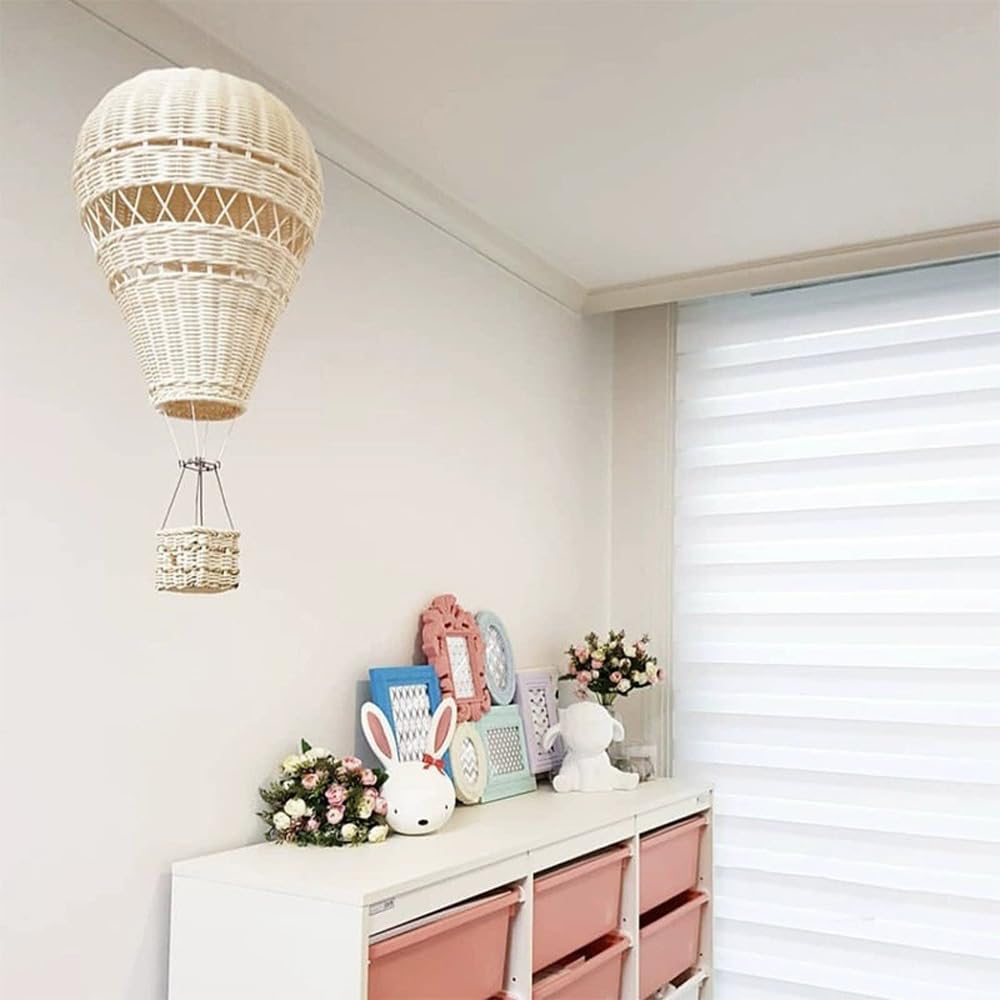 Lampadario in Legno Boho per cameretta dei Bambini, Lampada a Sospensione a Forma di Mongolfiera, Lampada in Rattan Naturale, Lampada a Sospensione in Vimini di bambù, Lampada da s