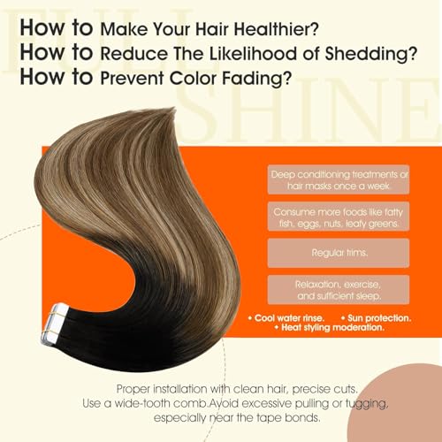 Image of Full Shine Hair Extensions Remy Tape in Hair Extensions Human Hair 14Inch Tape in Extensions Black To Brown Mixed Blonde Hair Extension Seamless Straight 50G 20Pcs for Women
