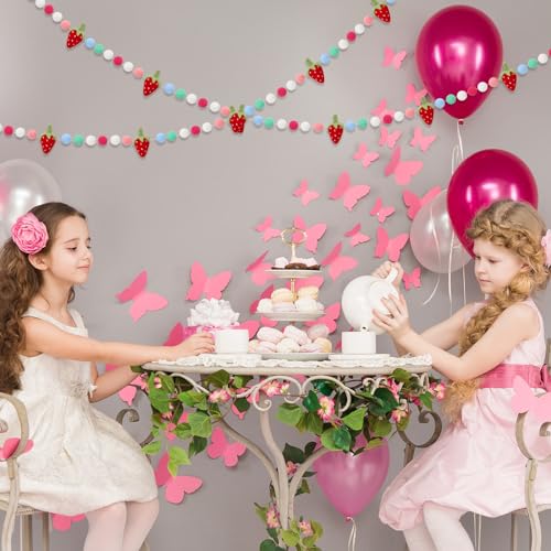 Image of JarThenaAMCS Strawberry Felt Banner 3D Strawberry Pom Ball Garland Colorful No DIY Required Bunting Garland for Birthday Baby Shower Party Supplies Hanging Decoration