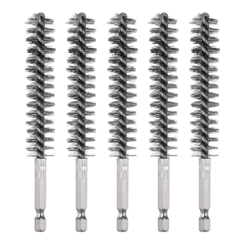 HARFINGTON 5Pcs Bore Brush Stainless Steel 15mm Dia Cleaning Twisted Wire Brush Tube Pipe Cleaner with Handle 1/4 Inch Hex Shank for Tubes, Ports, Bearings