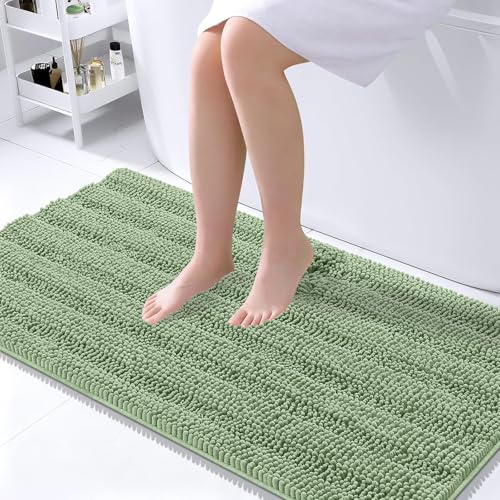Image of OLANLY Thick Large Bathroom Rugs 45x27, Extra Soft Absorbent Chenille Striped Bath Rugs, Rubber Backing, Machine Wash, Bath Mats for Bathroom Floor, Tub and Shower, Home Decor Accessories, Sage Green
