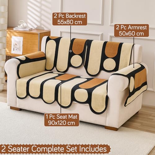 Image of HOKIPO 'Moderna Curves' Complete Sofa Cover Set (Seat+Back+Arm) for 2 Seater Sofa | All Season Sofa Cover Mat with Anti Slip Backing, Oyster Beige (AR-6123+AR-6120 * 2+AR-6309 * 2)