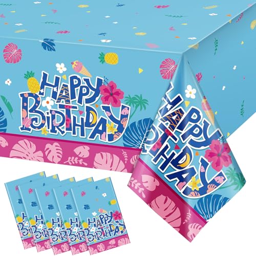 Image of Oudain 5 Pcs Cartoon Birthday Party Disposable Tablecloth Decoration Hawaiian Hibiscus Tropical Leaves Pattern Table Cloths 108'' x 54'' Luau Plastic Waterproof Rectangular Covers for Party (Blue)