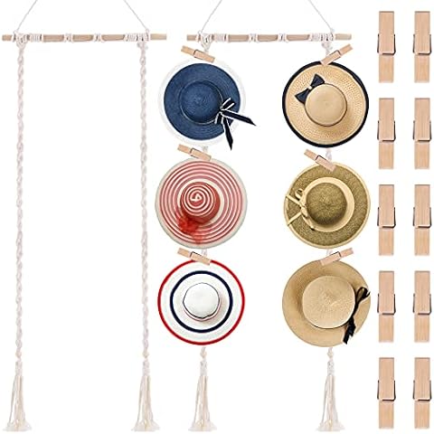 FEQO Hat Wall Hanging Boho Hats Rack Hat Wall Hanger Organizer Handmade Cotton Rope Woven Womens Hat Storage Hanger Wooden Hat Organizer Bohemian Hat Rack with 10 Pcs Wood Clips for Hats Cover
