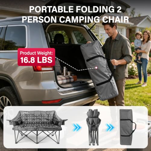 Silla doble de camping para adultos, silla loveseat acolchada resistente, gris miniatura 7