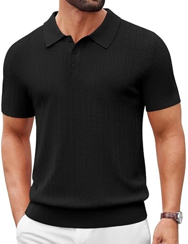 COOFANDY Men's Knit Polo Shirts Vintage Textured Knitted Short Sleeve Golf T-Shirts Soft Fashion Dress Tee Tops