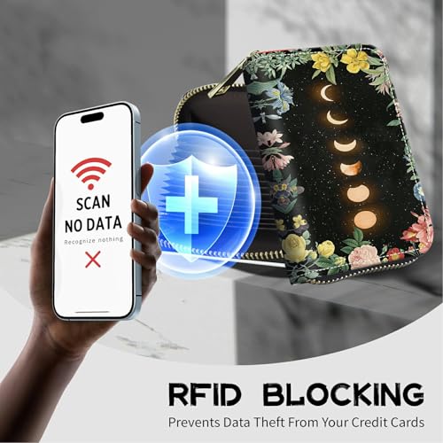 Image of Cute Credit Card Holder with Zipper, Moon Flower RFID-Blocking Card Case Small Wallet for Women Men, Multi-slot Card Organizer Case Travel Accordion Wallet