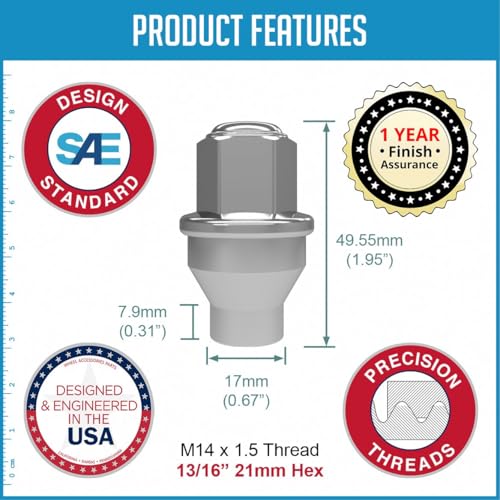 Image of Wheel Accessories Parts 24 Pcs M14x1.5 14x1.5 Thread ET OEM Factory Style Lug Nuts 1.95 inch Long Chrome 13 /16 inch 21mm Hex Fits Ford 2015+ Expedition | F-150 | 2023+ Lightening | Lincoln 2015+ Navigator