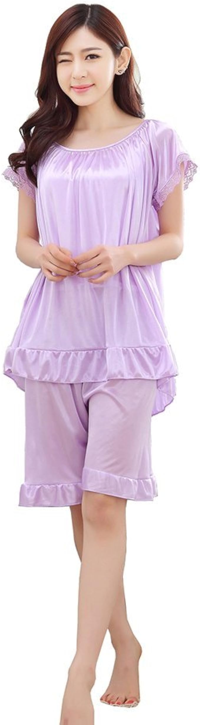 Amazon Pangyi パジャマ 女 肌 触り なめらか 寝間着 女 トップス ショートパンツ 上下セット 快適な 眠り 春 夏 向け 部屋着 セクシー 可愛い キレイ目 上品 ナイトウェア プレゼント パープル パジャマ ルームウェアセット 通販