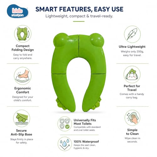 Image of Kids Station Baby Portable & Foldable Baby Unisex Potty Training Toilet Seat with Non-Slip Base, Splash Guard, and Storage Hook-Ideal for 0-6 Year Child, Travel-Friendly (Green, Foldable Potty Seat)