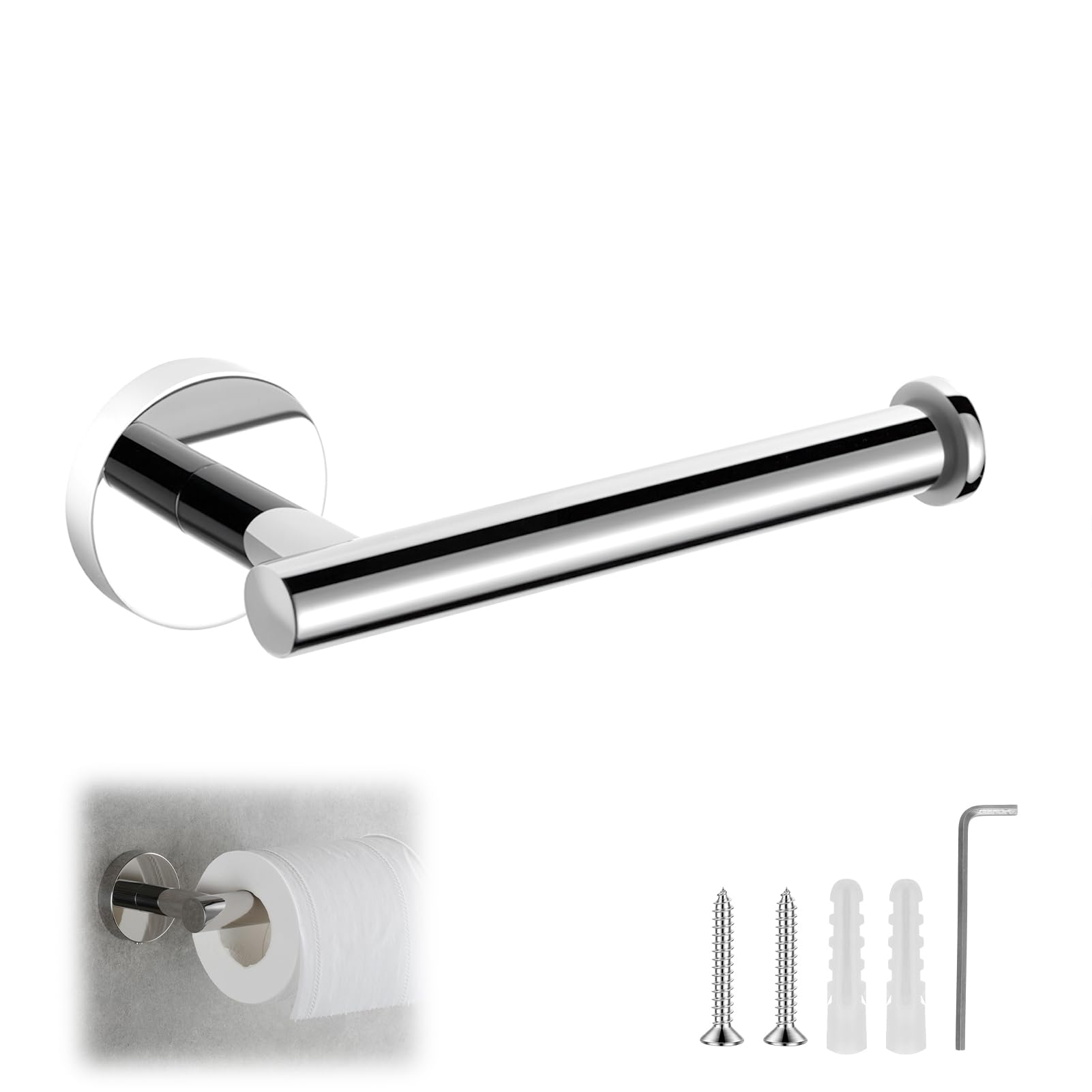 Wall Mounted Toilet Paper Holder Chrome 304 Stainless Steel Loo Roll Holder Bathroom Kitchen Tissue Dispenser Single Arm Rustproof Toilet Roll Rack Polished Silver Finish Vertical Horizontal Install