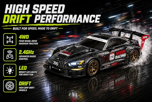 Image of 1:16 or 1 16 RC Drift Car, 2.4GHz Remote Control Racing Car, 4WD High Speed with LED Lights, Proportional Throttle, Extra Drift Wheels for Kids (Black & Grey)