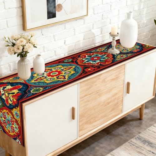 Image of Nuxovilar Multicolor Geometric Floral Flax Table Runner 13x72 in
