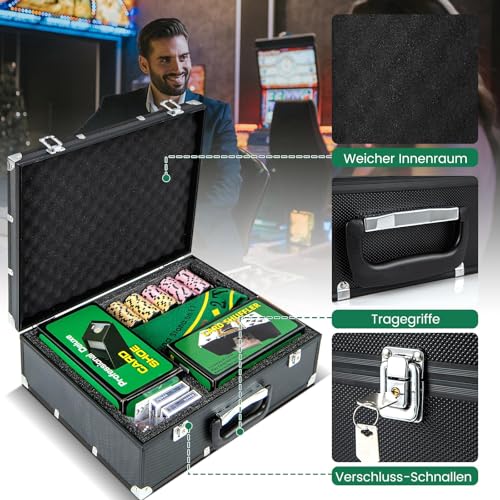 FANTASK Pokerset Komplett Set abschließbar, Aluminium Kasino Poker 300 Chips, Pokerkoffer mit 2 Kartendeck, 5 Würfel, Kartenmischer & Kartengeber, Dealer Button, Matte (300 pcs)