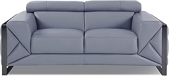 BlackJack Furniture Gianni Top Grain Italian Leather Set with 9-Position Adjustable Headrests, Contemporary Geometric Pattern, Chrome Hardware & Durable Hardwood, Chair, Loveseat, Sofa, Light Blue