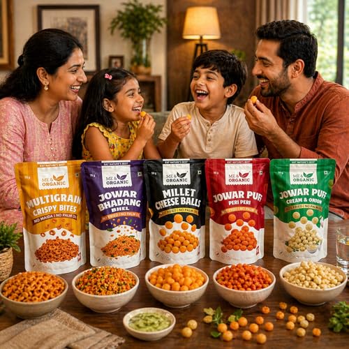 Image of ME&ORGANIC Premium Healthy Snacks Combo - Jowar Puffs Peri Peri, Cream & Onion Jowar Puffs, Millet Cheese Balls, Millet Bhel & Multigrain Crispy Bites | Wholesome, Crunchy, Guilt-Free Snacking Option for All Ages | Made with Natural Ingredients, Rich in Fiber & Nutrients | No Artificial Flavors or Preservatives | Perfect Tea-Time, Travel & Anytime Snack Pack