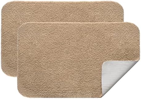 MIULEE Absorbent Bath Mat Set 2 Pieces Non Slip Bath Rug 40x60cm and U Shape WC Toilet Rug 45x45cm with High Hydroscopicity Rugs Super Soft Cozy and Shaggy Microfiber Rug Carpet for Bathroom Beige