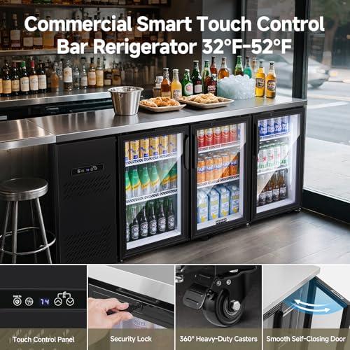 Image of BODEGA BODEGACOOLER Commercial Bar Cooler with 3 Glass Doors, 20.5 Cu.Ft Back Bar Beverage Refrigerator for Beer Soda Wine,LED Lighting With Stainless Steel Top,Casters Kitchen Buffet Table Use