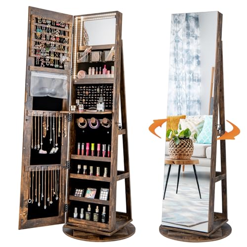 COSTWAY Schmuckschrank mit LED, Spiegelschrank 360° drehbar, mit rahmenlosem Ganzkörperspiegel, Schmuck-Organizer abschließbar, Schmuckaufbewahrung...