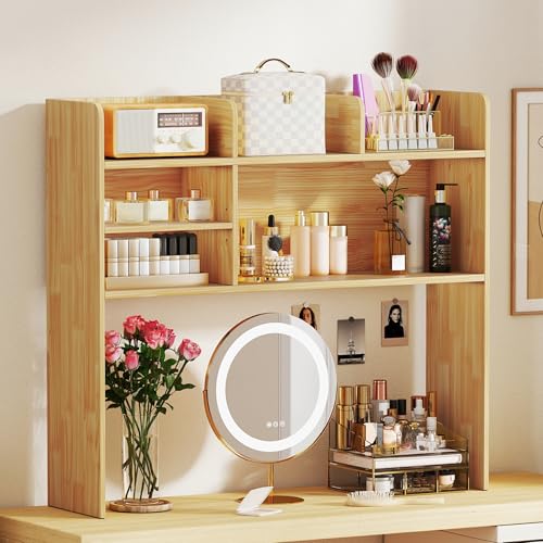 Image of Tangkula Desktop Bookshelf for Computer Up to 32 inch, 37 inch Countertop Storage Hutch with 6 Storage Shelves, 3-Tier Desktop Organizer Display Rack, Wooden Desk Hutch for Dorm Home Office (Burlywood)