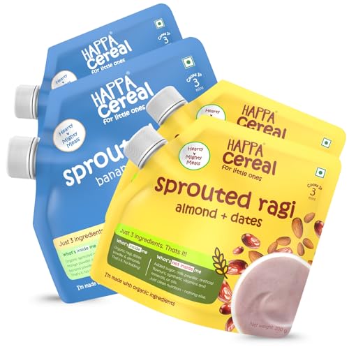 Image of Happa Organic Baby Food Porridge Mix Cereal (Pack of 4 (200 G), Ragi + Almonds + Dates & Ragi + Mango + Banana)