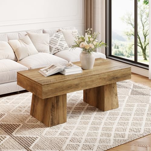 LITTLE TREE Farmhouse Coffee Table, 47 Inches Wooden Rectangular Accent Center Tables with Thick...