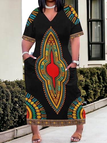 Image of SUZONANA Plus Size Dresses for Curvy Women African Print American Dress Summer Outfits Casual Loose with Pocket