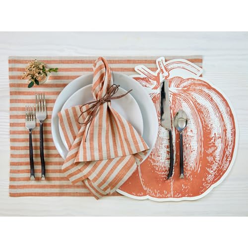 Image of Solino Home 100% Pure Linen Placemats, 14 x 19 in, Pumpkin Stripe, Set of 4