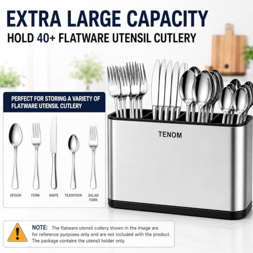 Image of Tenom Spoon Holder for Kitchen Countertop | Stainless Steel Spoon Stand & Cutlery Stand with Drain Tray | Rustproof Heavy Duty Utensil Organizer (Silver)