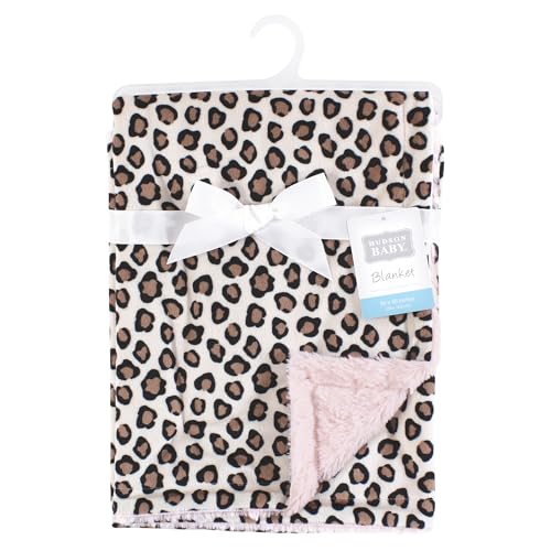 Hudson Baby Unisex Baby Plush Blanket with Furry Binding and Back, Leopard/Pink, One Size