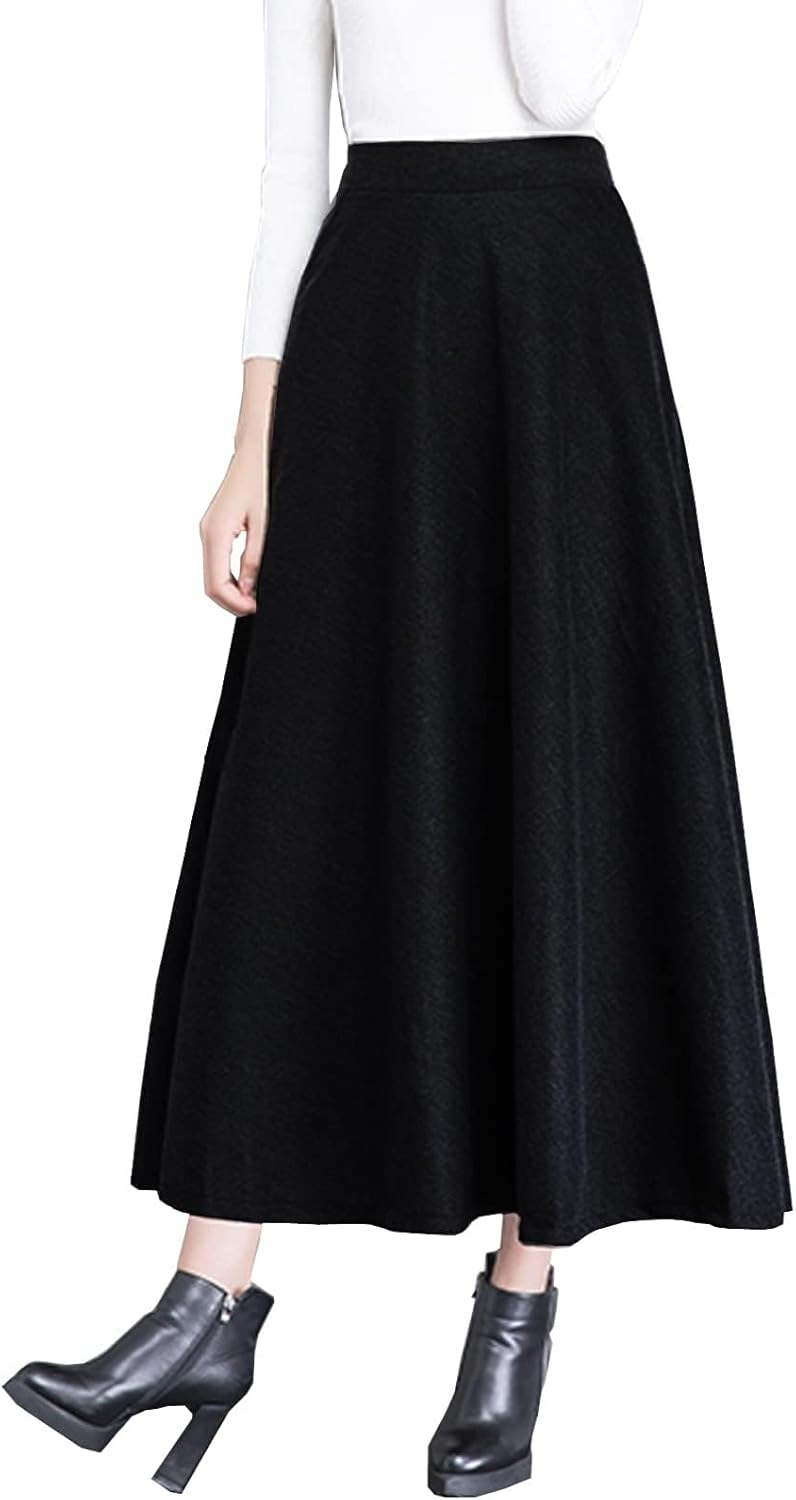 Women's High Elastic Waist Maxi Wool Skirt A-line Plaid Winter Warm Flare Long Skirt - Image 3