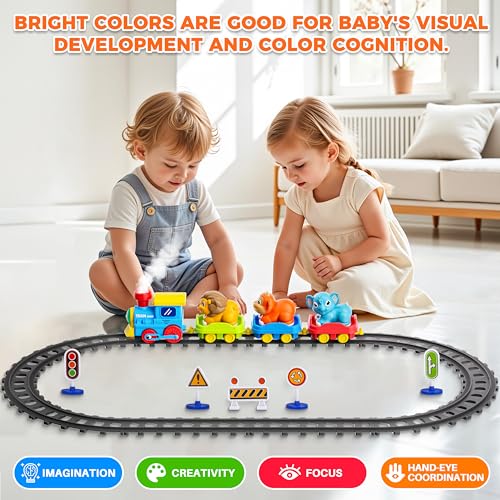Image of Train Set for Toddlers with Steam, Music, Lights and 3 Animal Cars | Electric train fun meets animal play with music, lights and a playful steam effect.